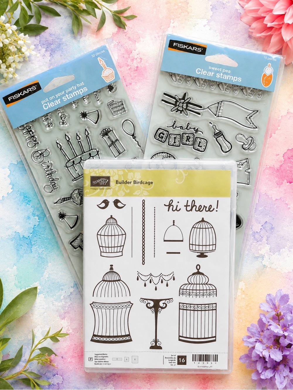 Fiskars & Stampin’ Up Clear Stamps Lot Of 3 Birthday Baby Birdcage New